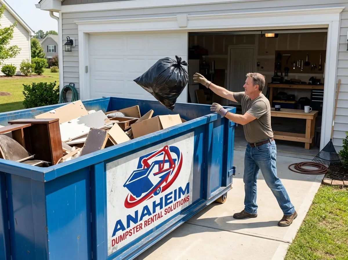 10 yard roll-off dumpster on an Anaheim driveway